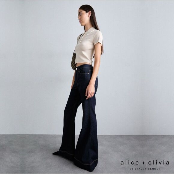 Alice + Olivia **NWT** SB High Rise Bell Flare Leg Jean in Dark Rinse Blue Denim - Picture 6 of 16